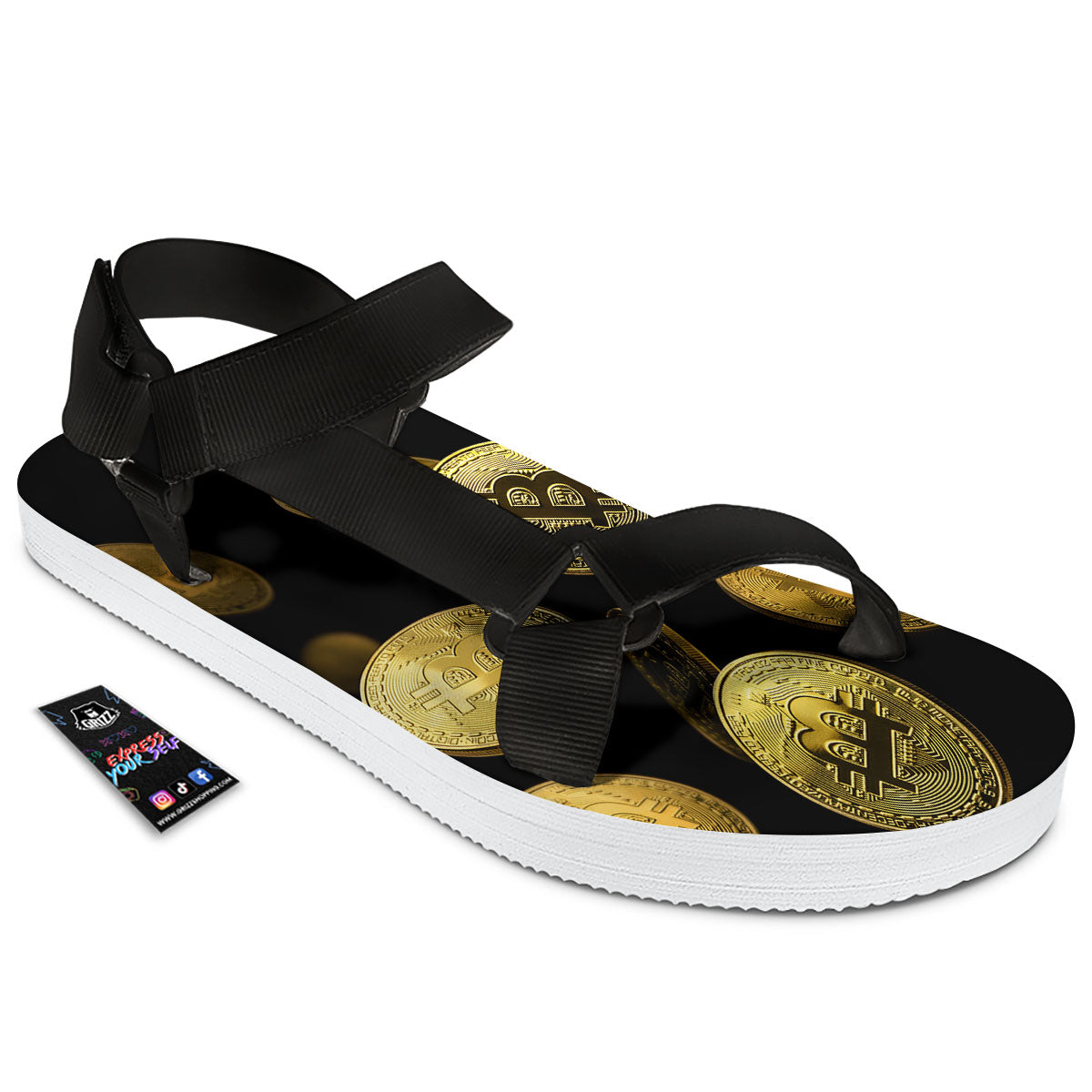 Bitcoin Falling Print Black Open Toe Sandals-grizzshop