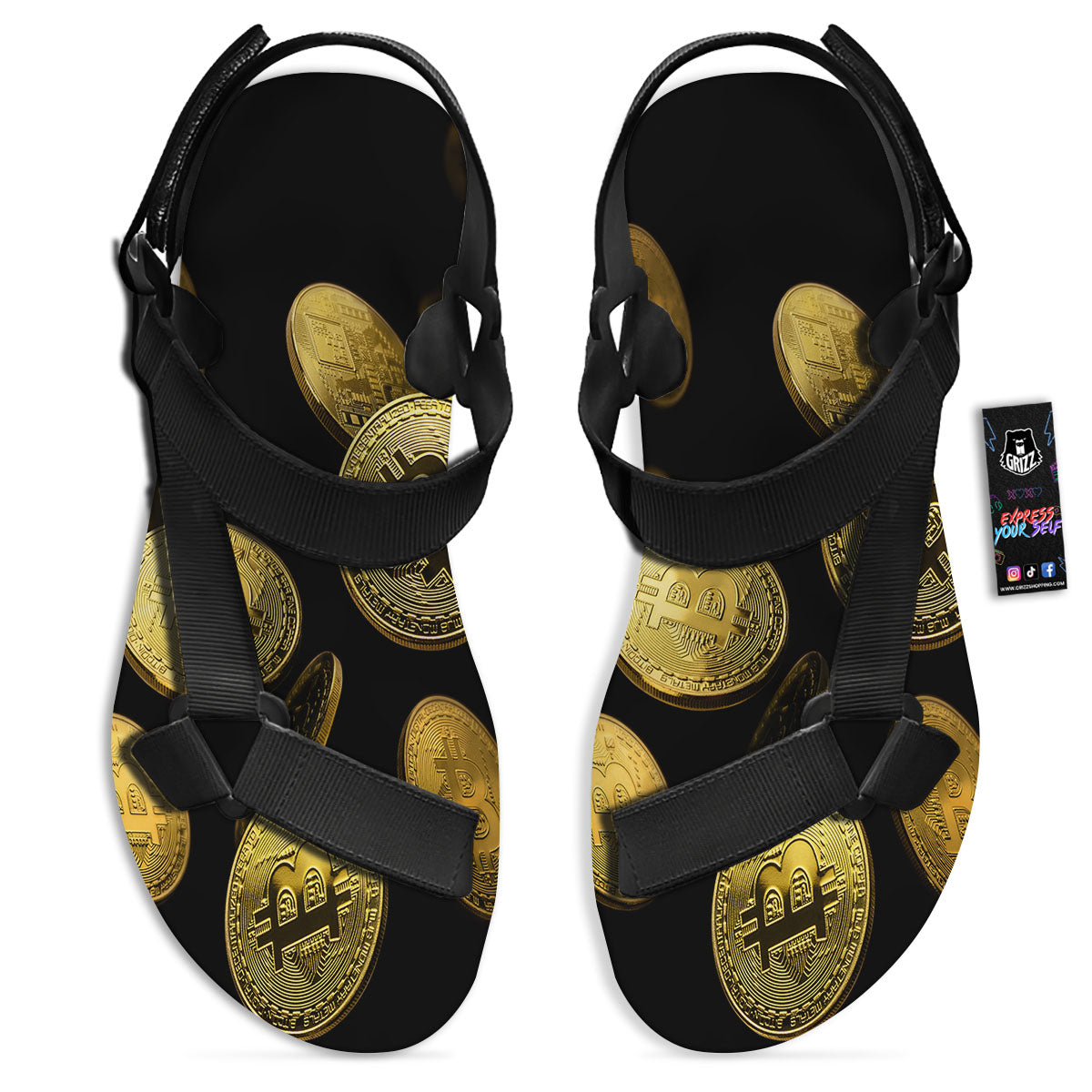 Bitcoin Falling Print Black Open Toe Sandals-grizzshop