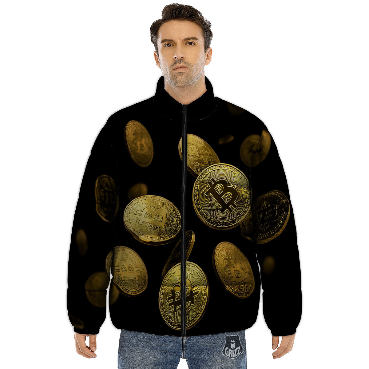 Bitcoin Falling Print Puffer Jacket-grizzshop