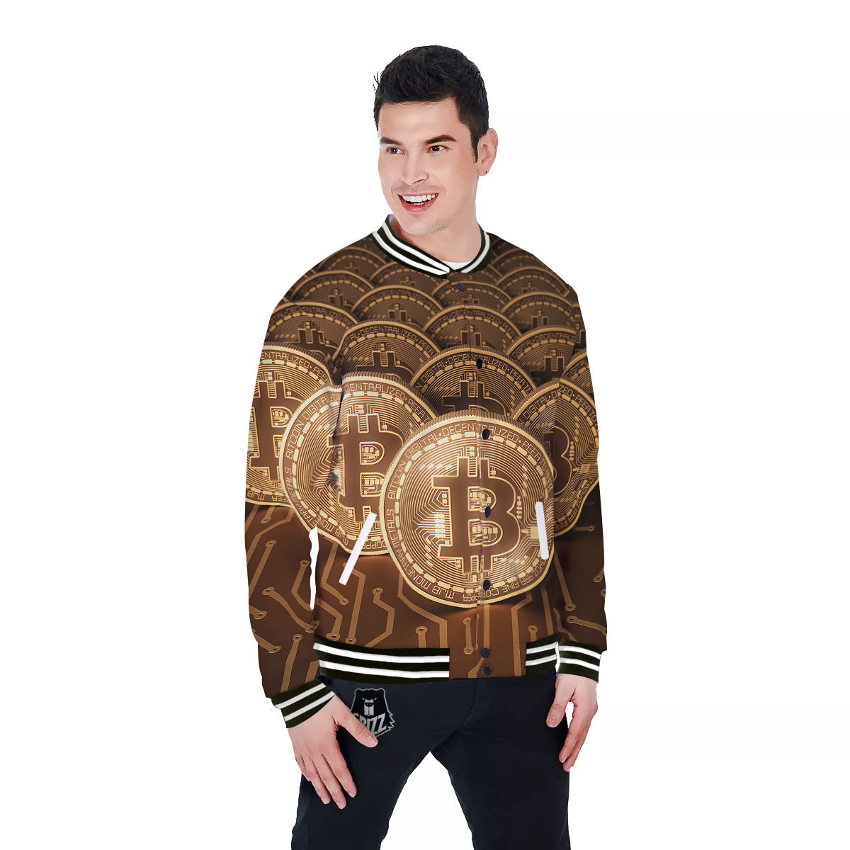Bitcoin Symbol Gold Print Baseball Jacket-grizzshop