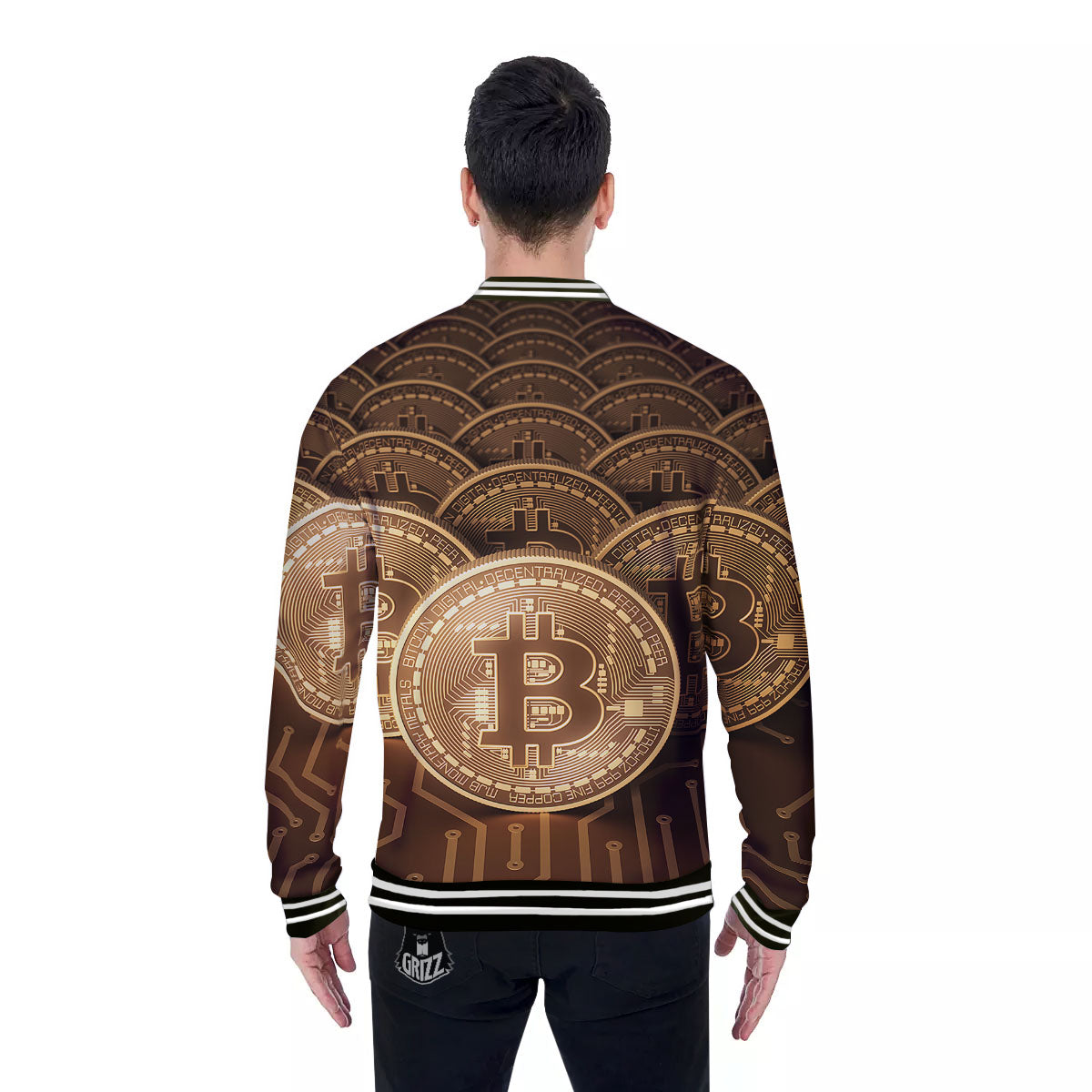 Bitcoin Symbol Gold Print Baseball Jacket-grizzshop