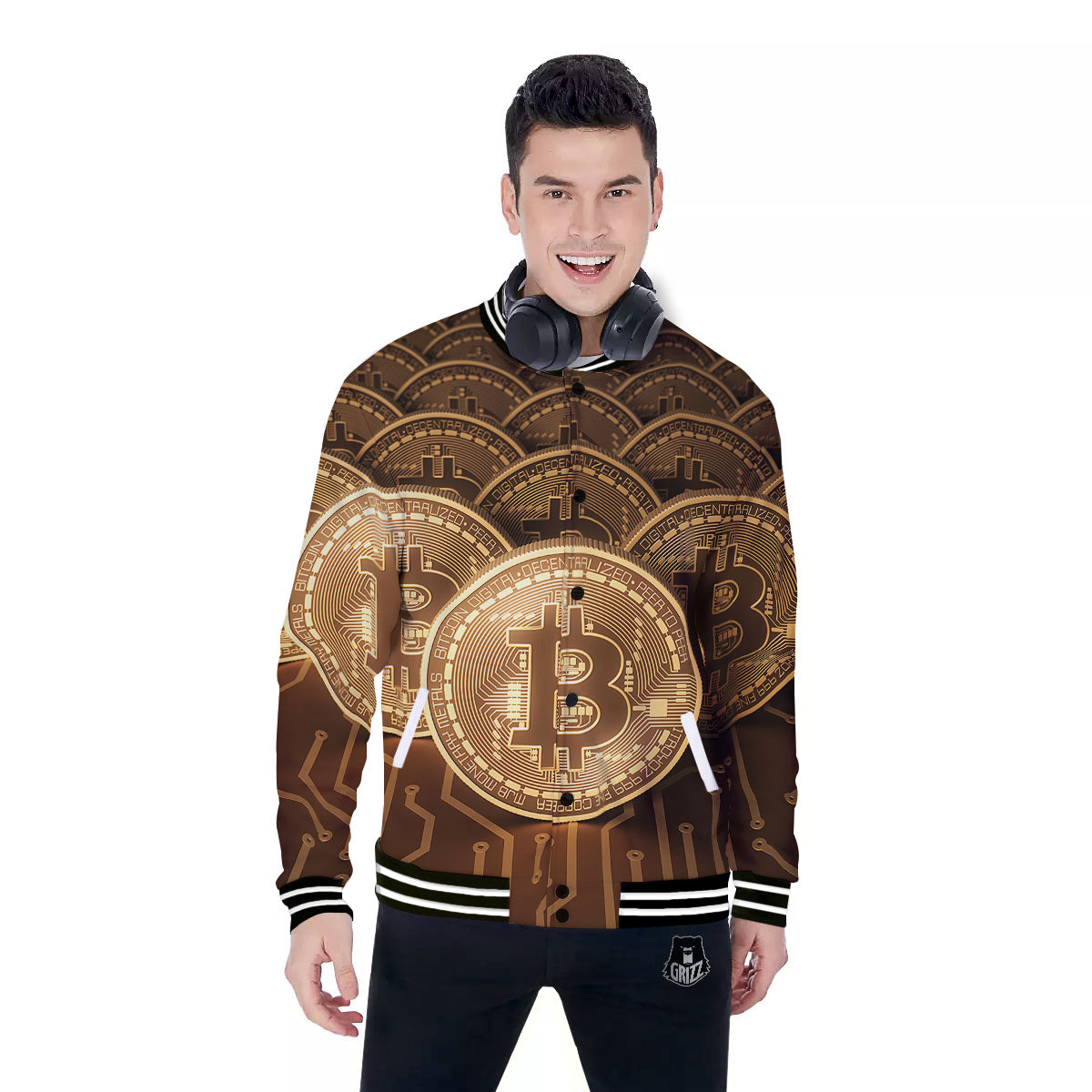 Bitcoin Symbol Gold Print Baseball Jacket-grizzshop