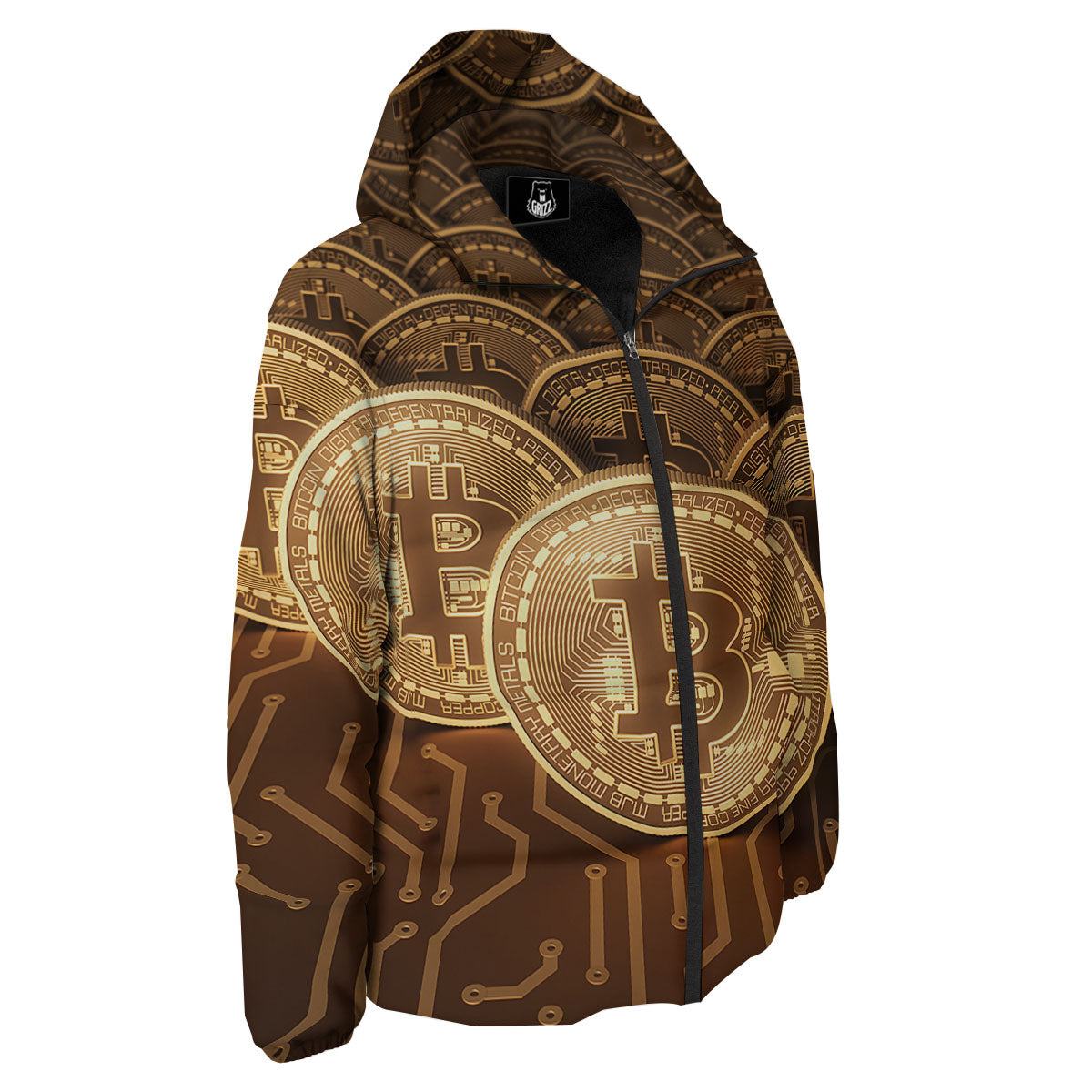 Bitcoin Symbol Gold Print Down Jacket-grizzshop