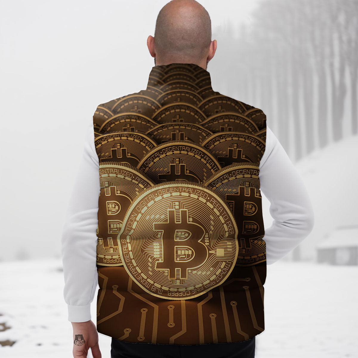 Bitcoin Symbol Gold Print Down Vest