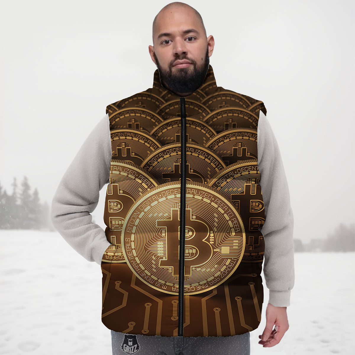Bitcoin Symbol Gold Print Down Vest