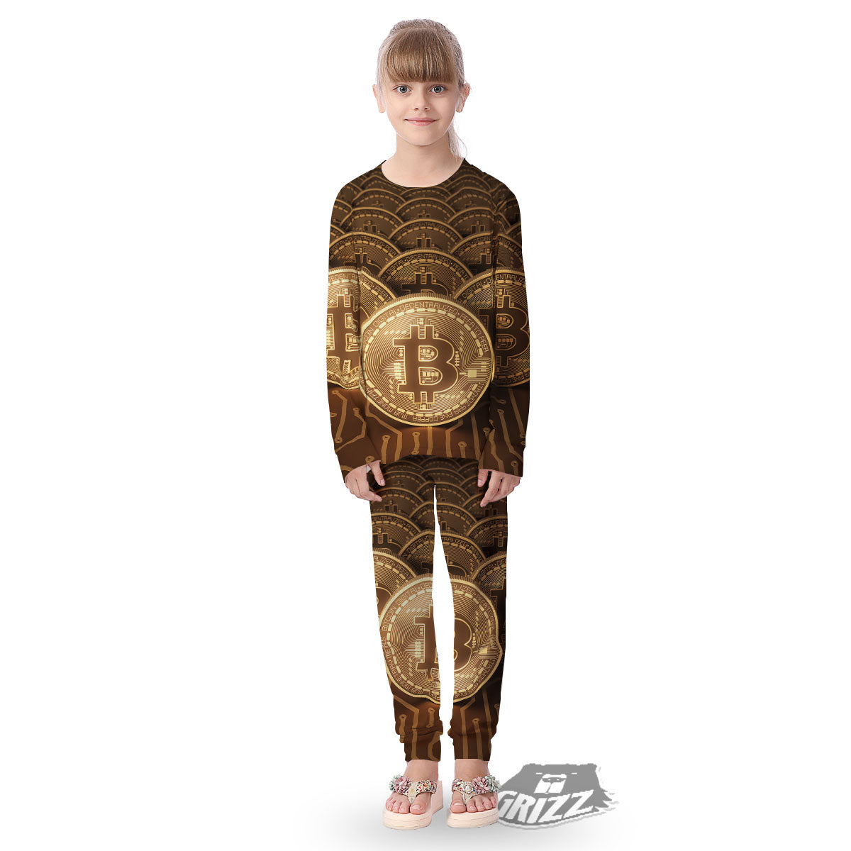 Bitcoin Symbol Gold Print Kid's Pajamas-grizzshop