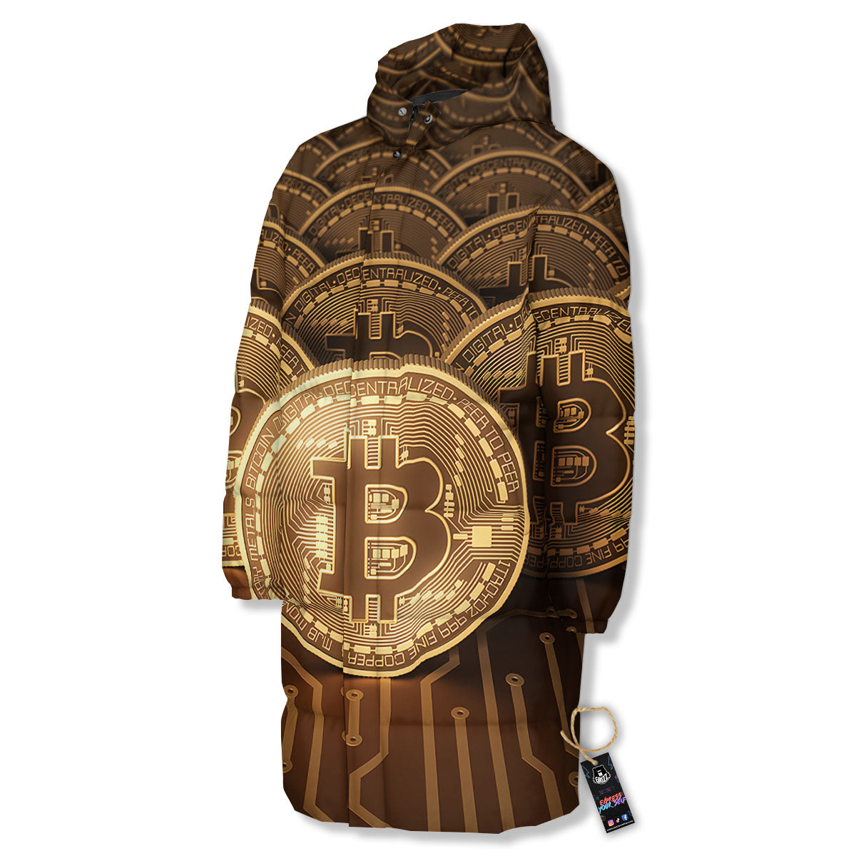 Bitcoin Symbol Gold Print Long Down Jacket-grizzshop