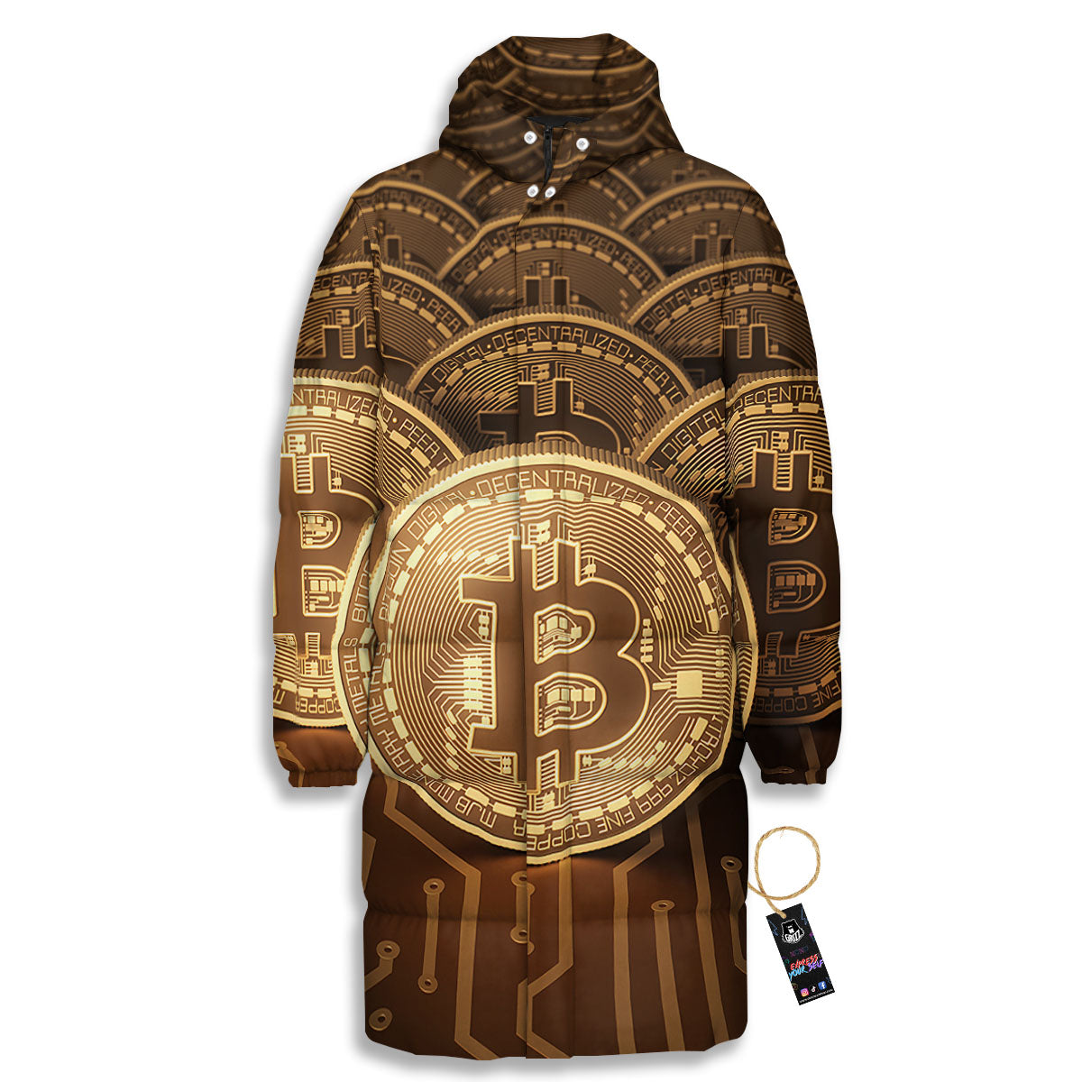 Bitcoin Symbol Gold Print Long Down Jacket-grizzshop