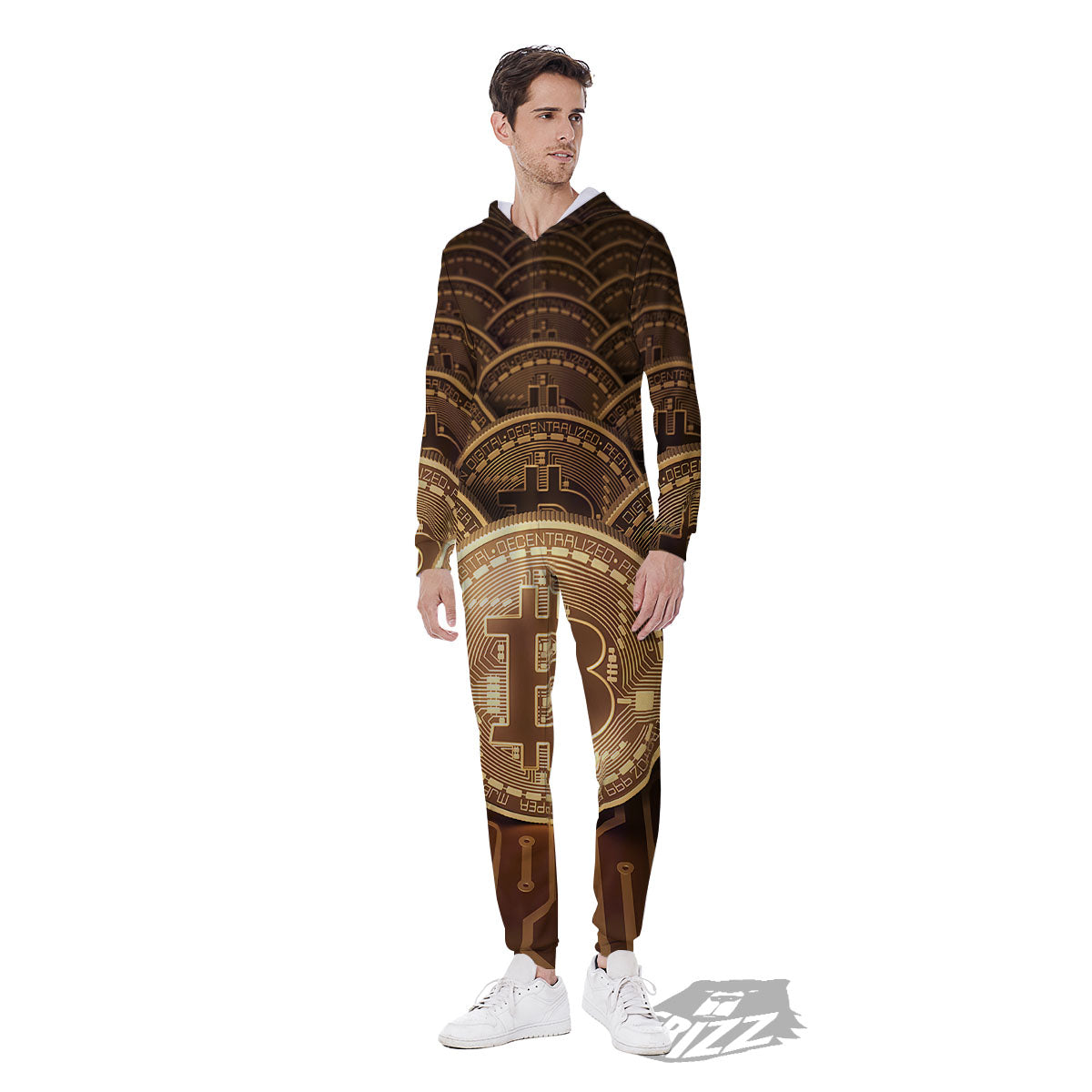 Bitcoin Symbol Gold Print Men's Jumpsuit-grizzshop