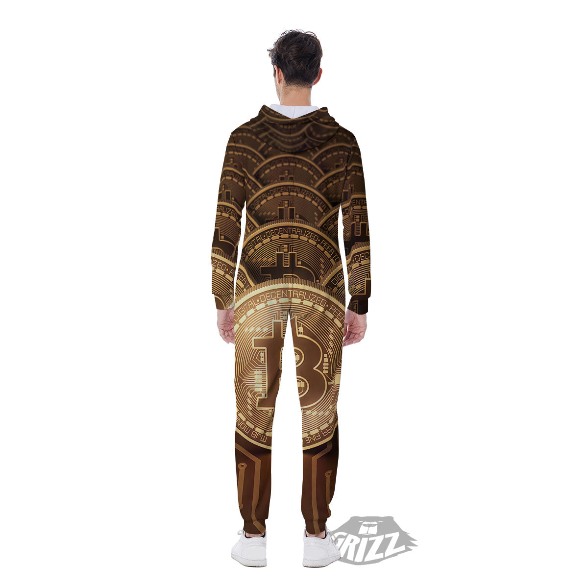 Bitcoin Symbol Gold Print Men's Jumpsuit-grizzshop