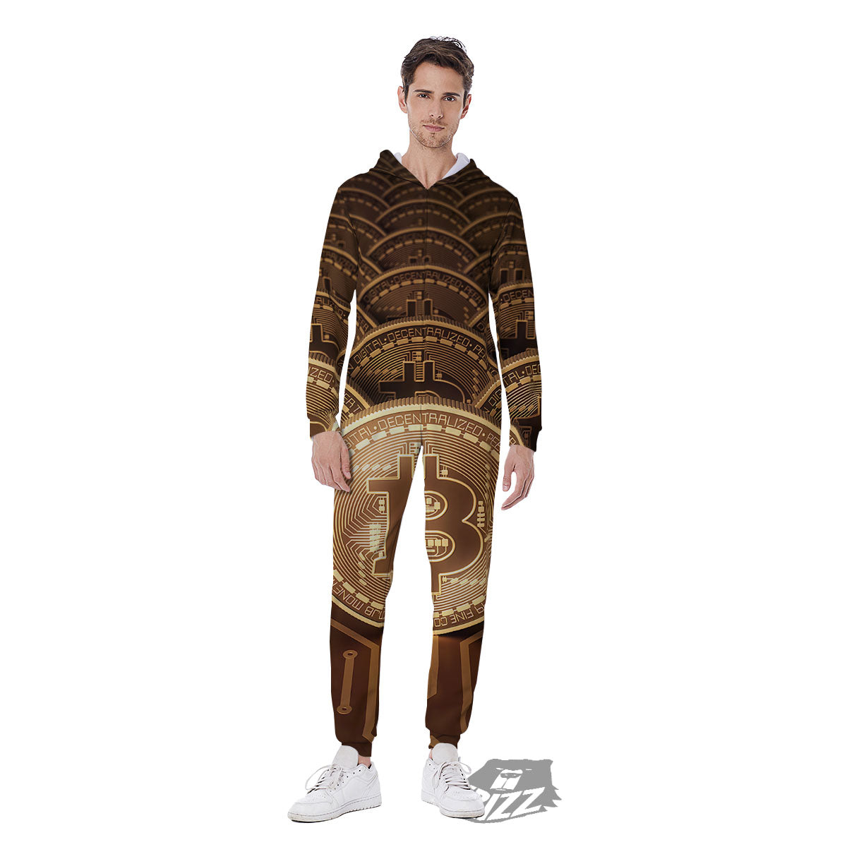 Bitcoin Symbol Gold Print Men's Jumpsuit-grizzshop