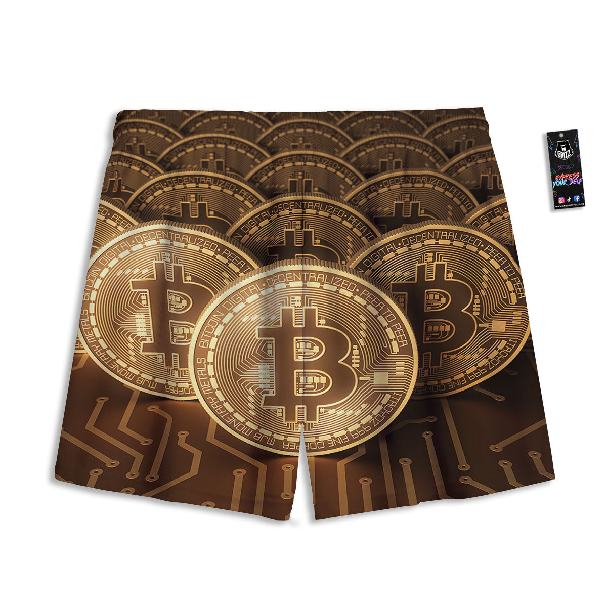 Bitcoin Symbol Gold Print Mesh Shorts