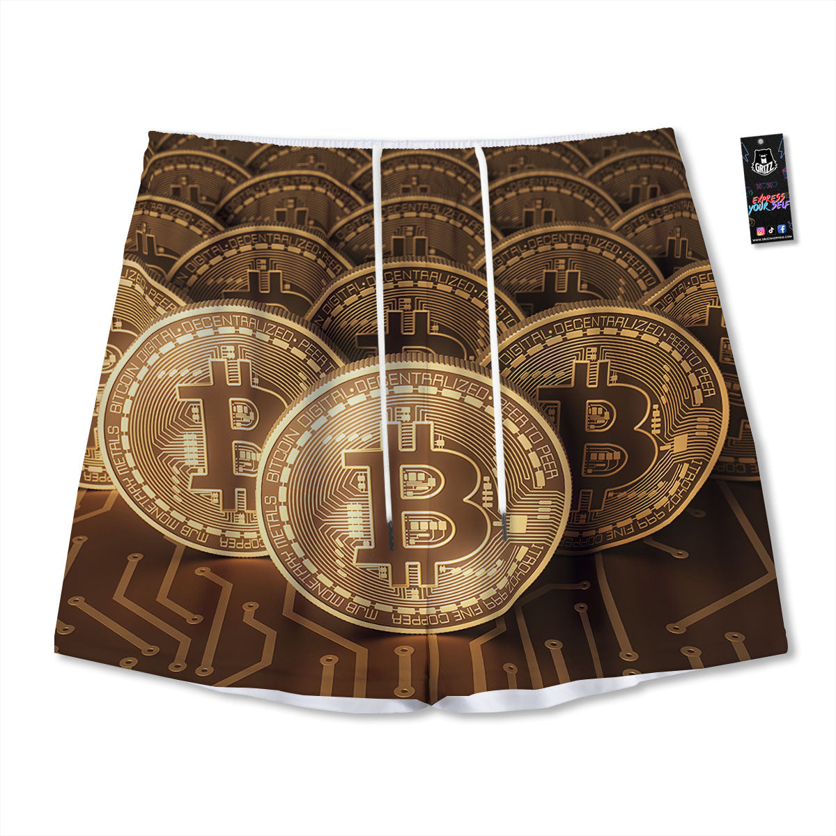 Bitcoin Symbol Gold Print Mesh Shorts