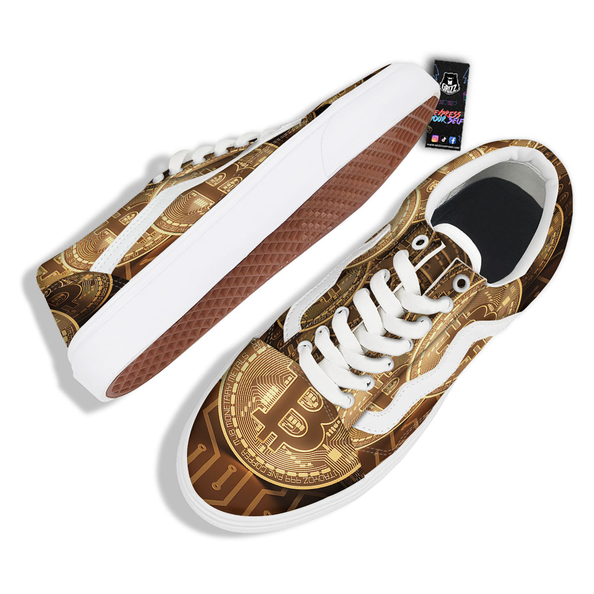 Bitcoin Symbol Gold Print Skate Shoes-grizzshop