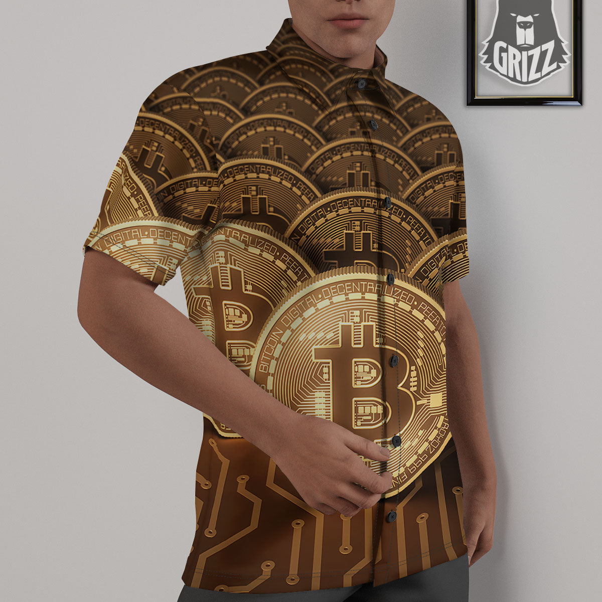 Bitcoin Symbol Gold Print Untucked Shirts-grizzshop