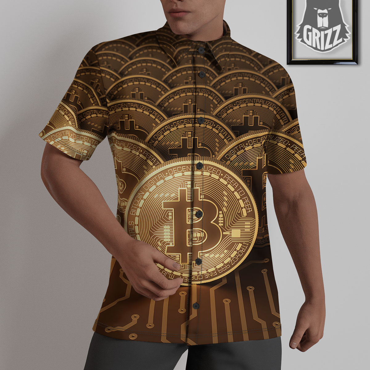 Bitcoin Symbol Gold Print Untucked Shirts-grizzshop