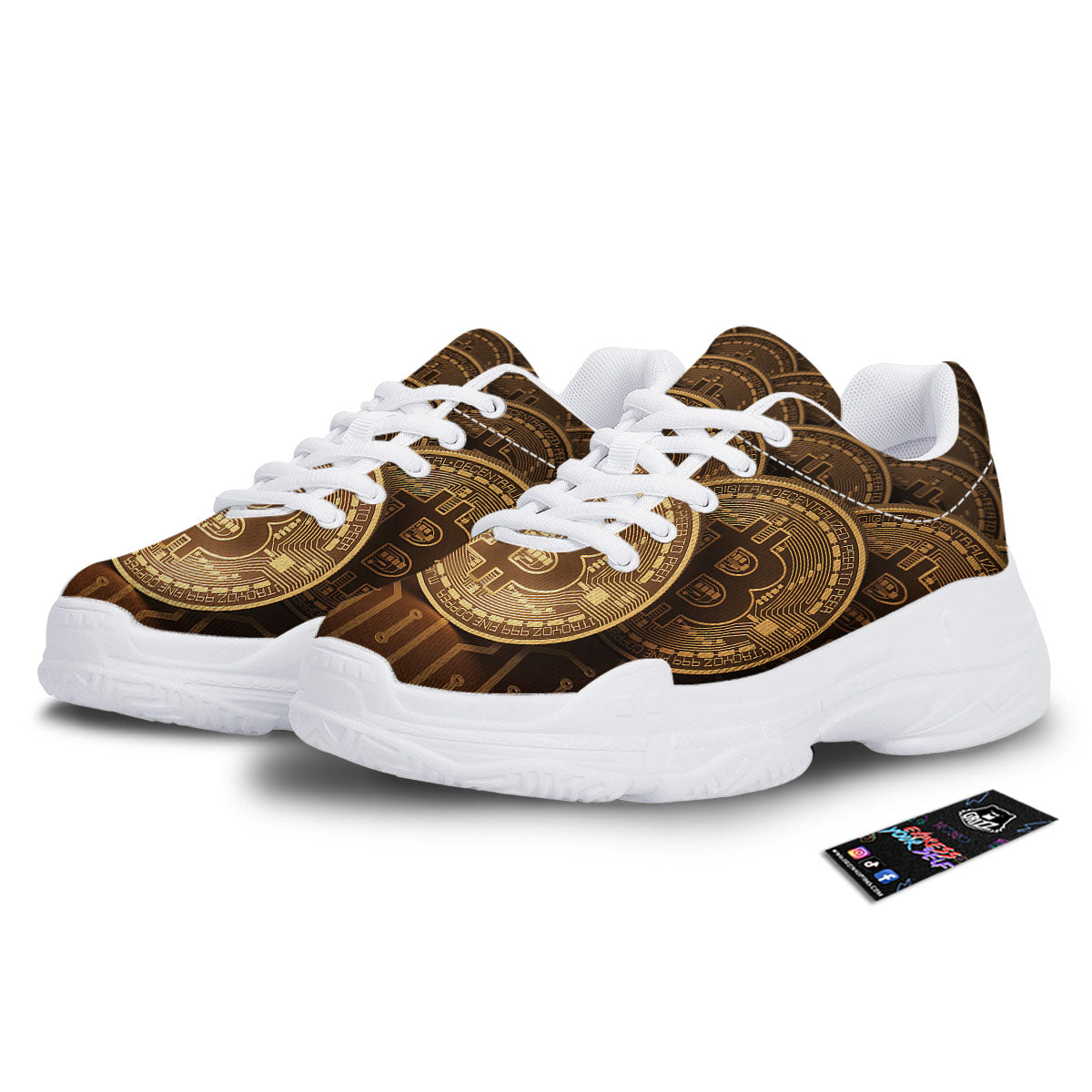 Bitcoin Symbol Gold Print White Chunky Shoes-grizzshop