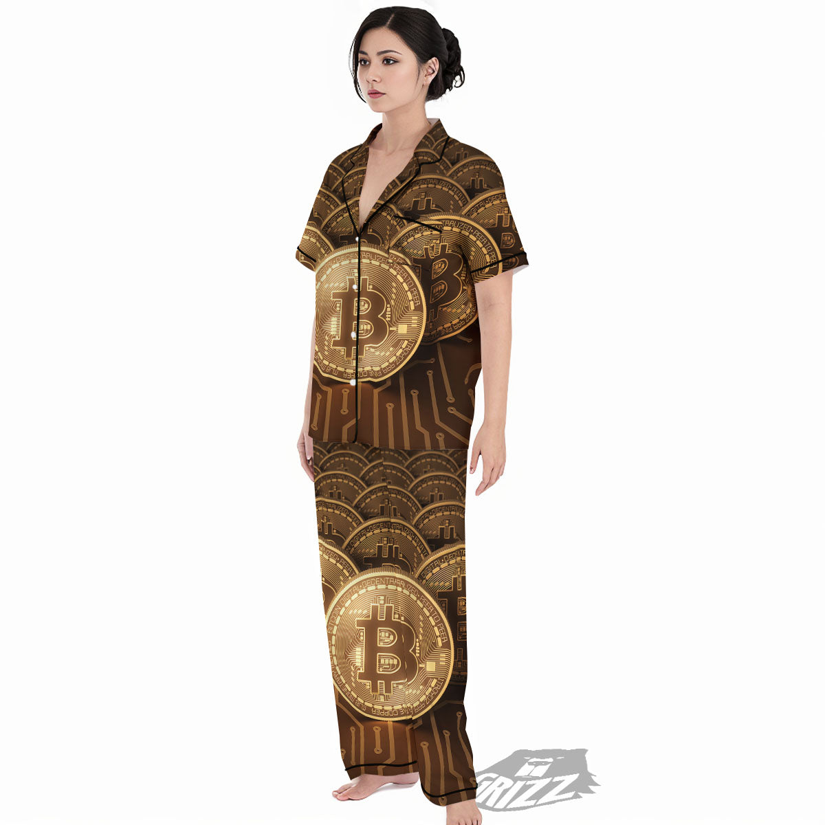 Bitcoin Symbol Gold Print Women's Pajamas Set-grizzshop