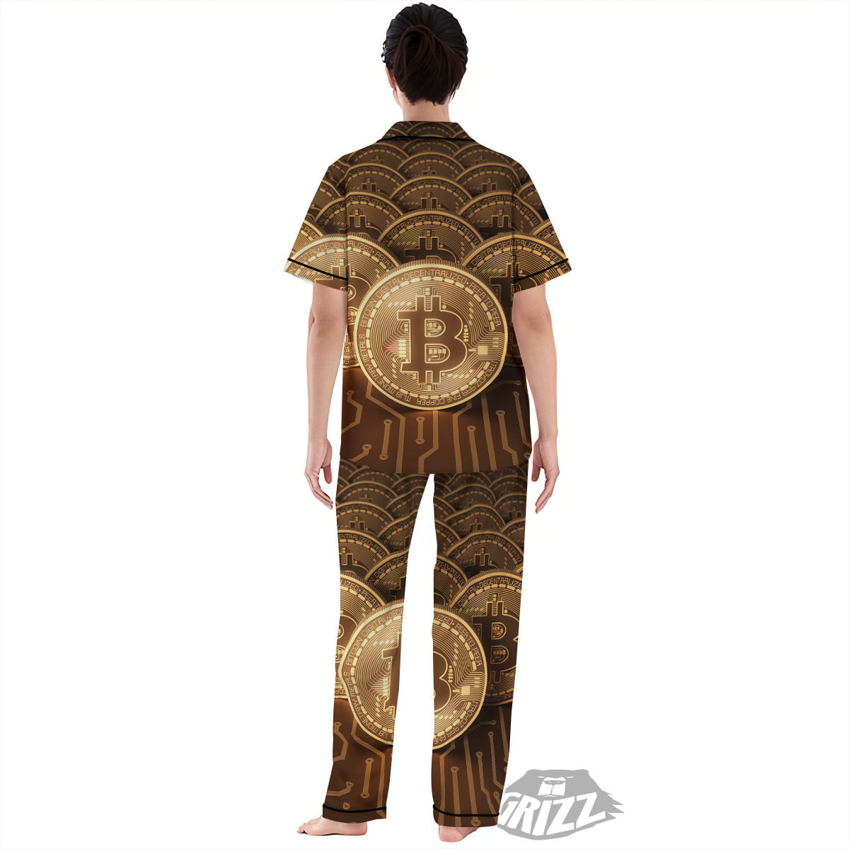Bitcoin Symbol Gold Print Women's Pajamas Set-grizzshop