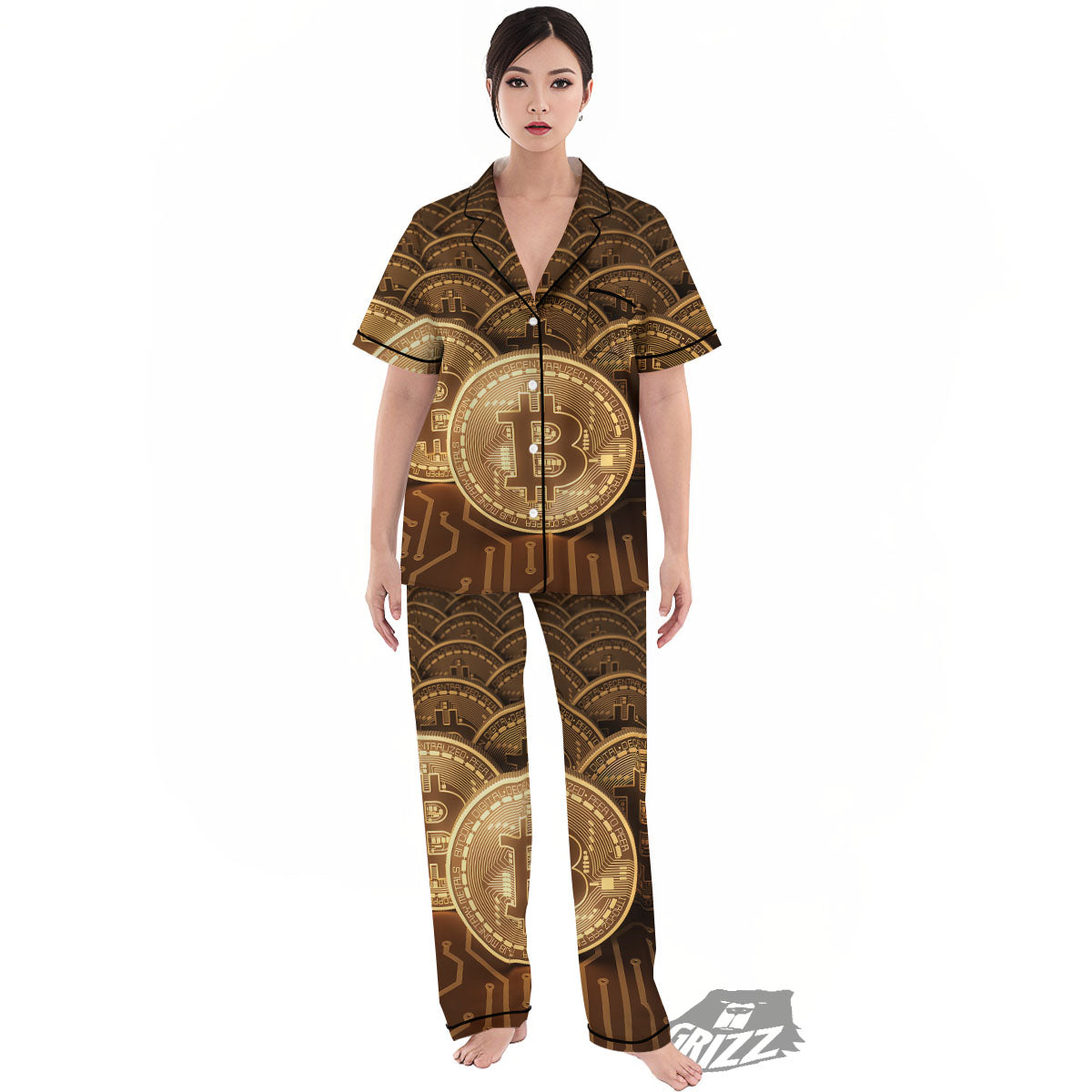 Bitcoin Symbol Gold Print Women's Pajamas Set-grizzshop
