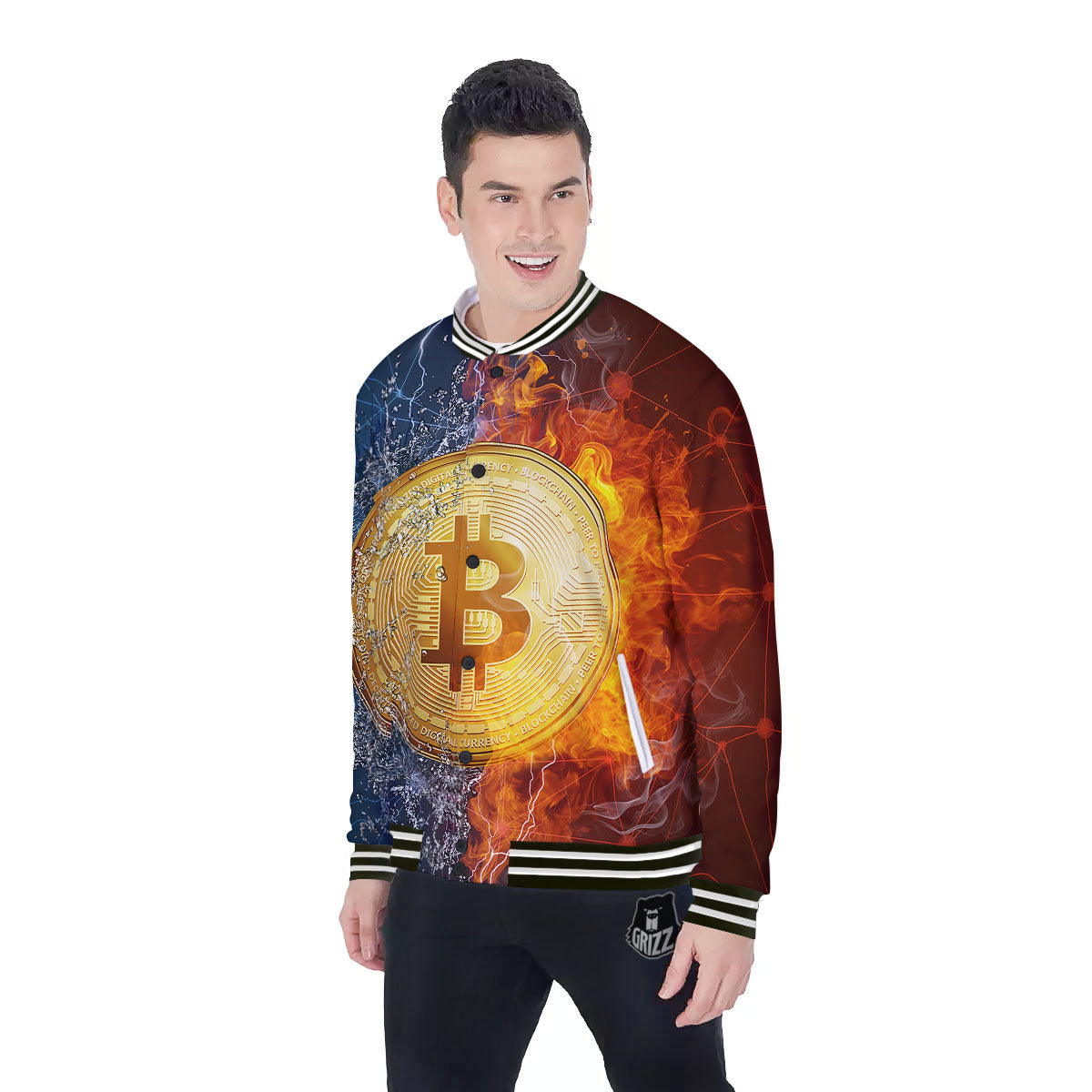 Bitcoin Water And Fire Print Baseball Jacket-grizzshop