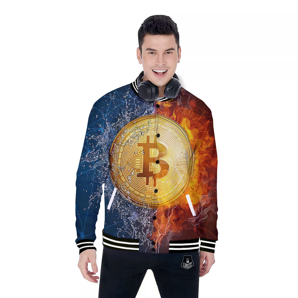 Bitcoin Water And Fire Print Baseball Jacket-grizzshop