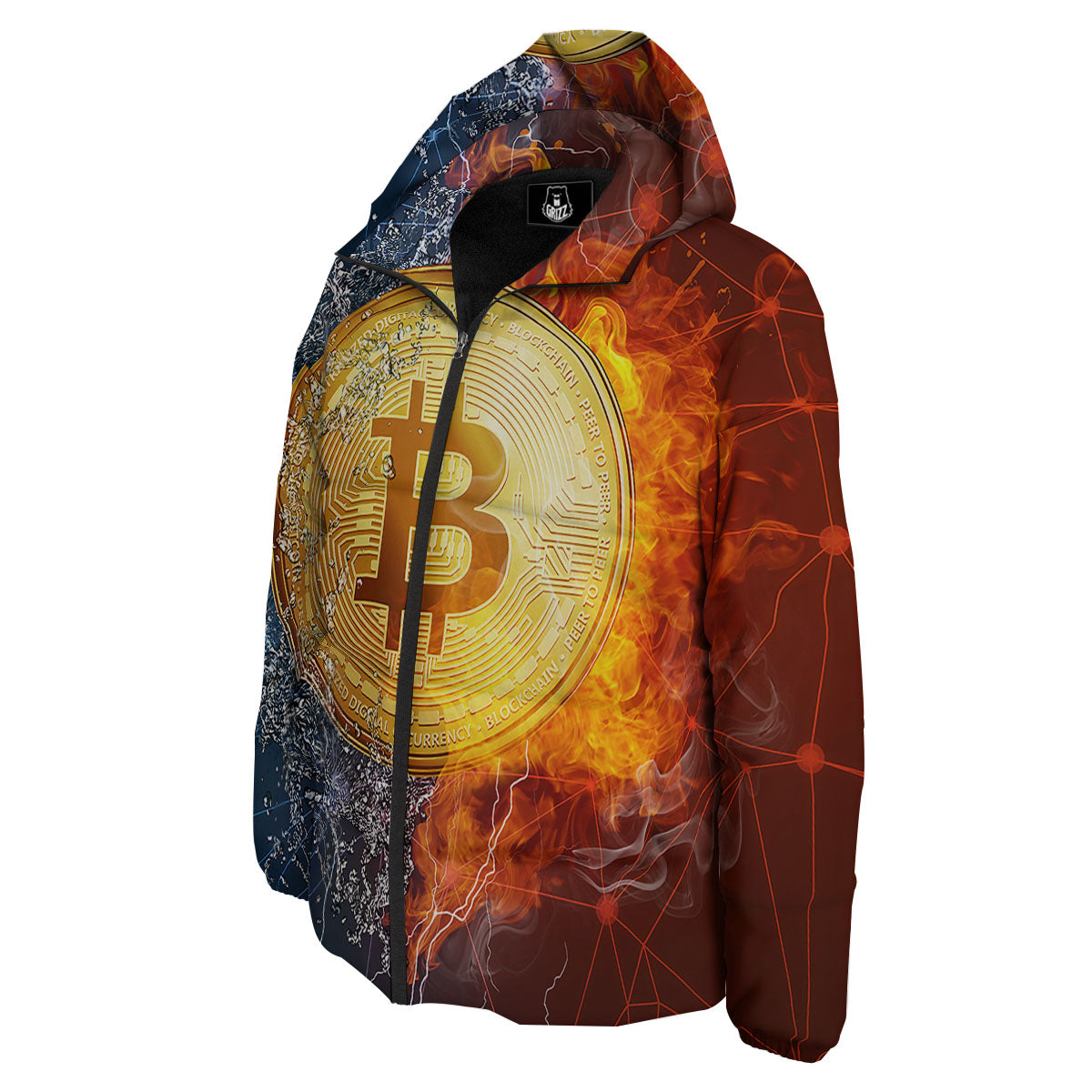 Bitcoin Water And Fire Print Down Jacket-grizzshop