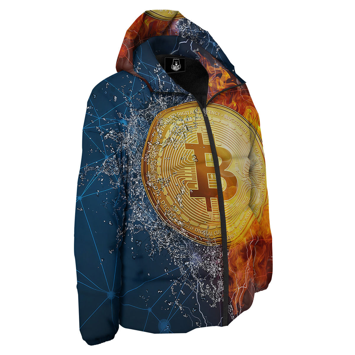 Bitcoin Water And Fire Print Down Jacket-grizzshop