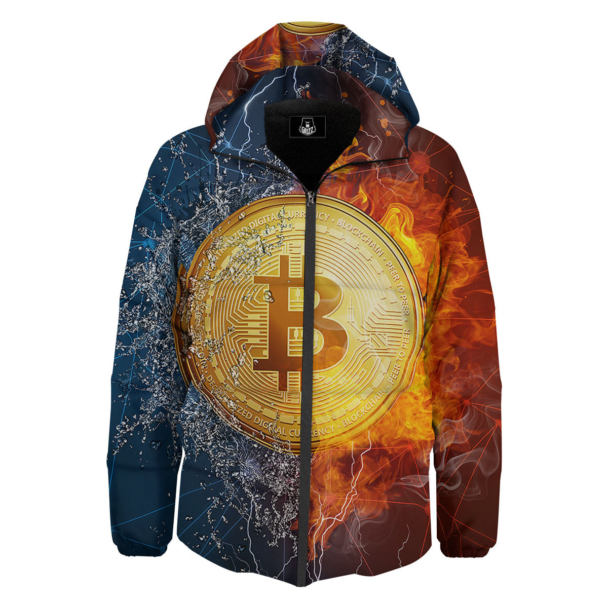 Bitcoin Water And Fire Print Down Jacket-grizzshop