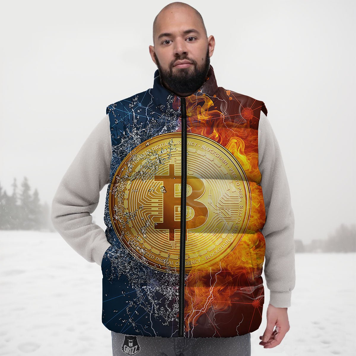 Bitcoin Water And Fire Print Down Vest