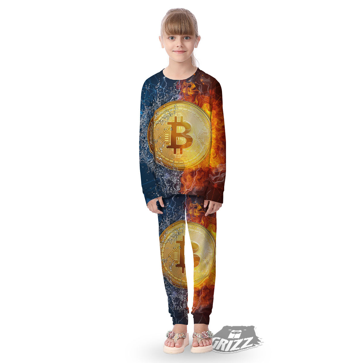 Bitcoin Water And Fire Print Kid's Pajamas-grizzshop