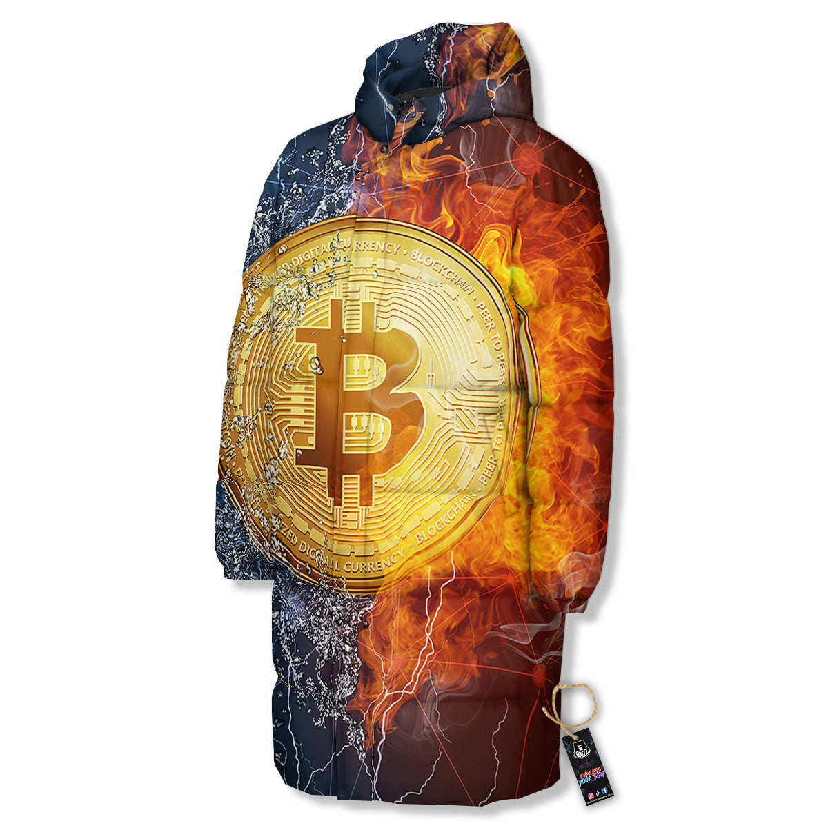 Bitcoin Water And Fire Print Long Down Jacket-grizzshop