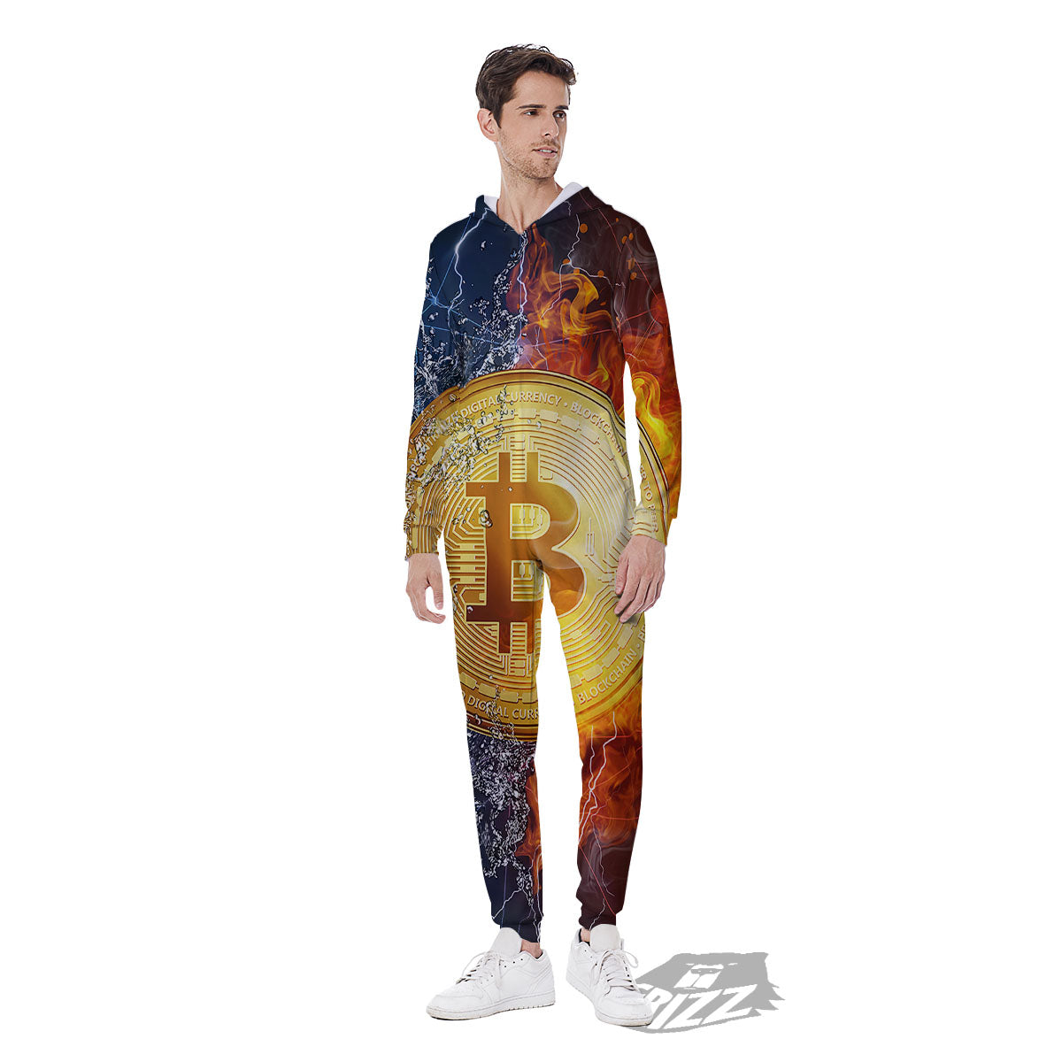 Bitcoin Water And Fire Print Men's Jumpsuit-grizzshop