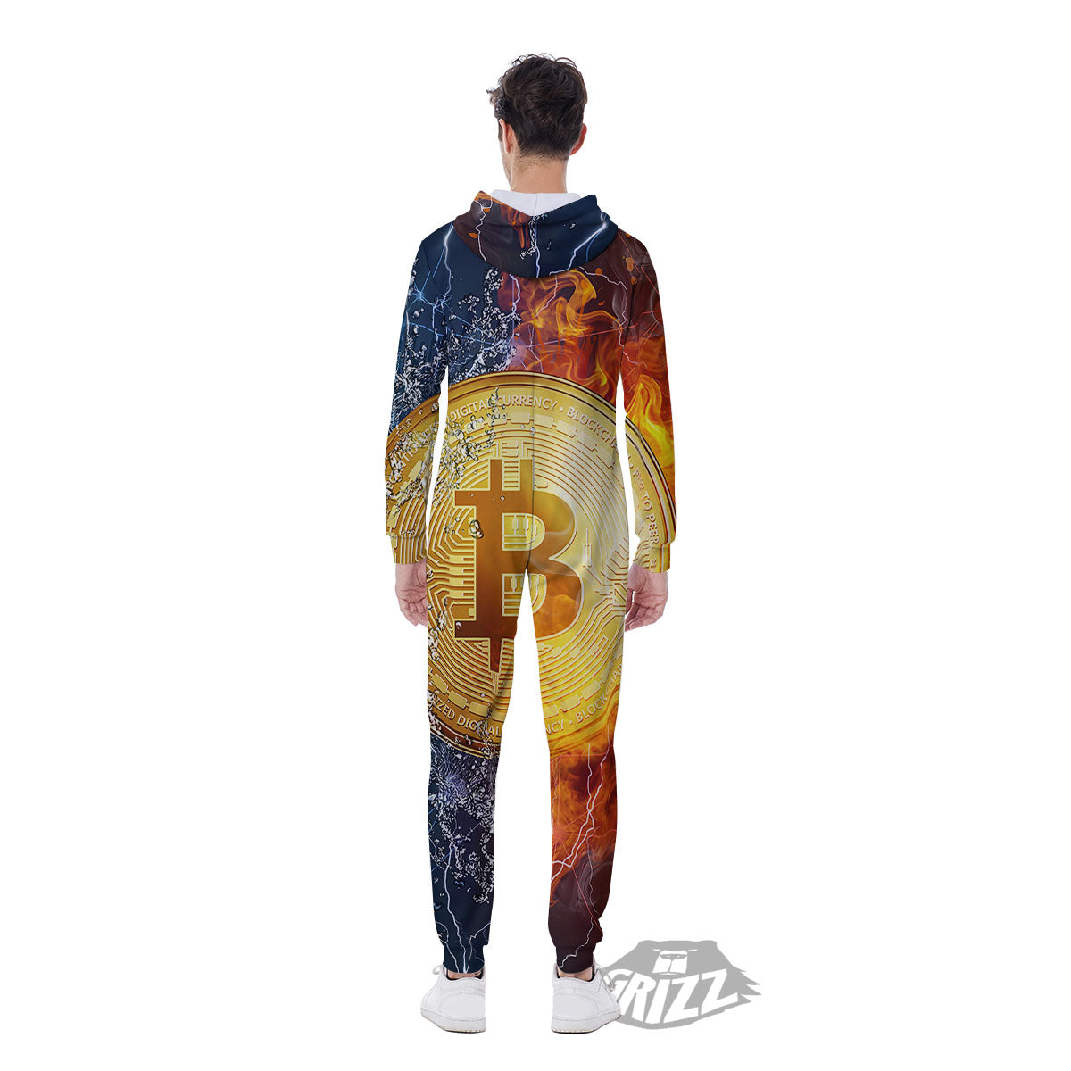 Bitcoin Water And Fire Print Men's Jumpsuit-grizzshop