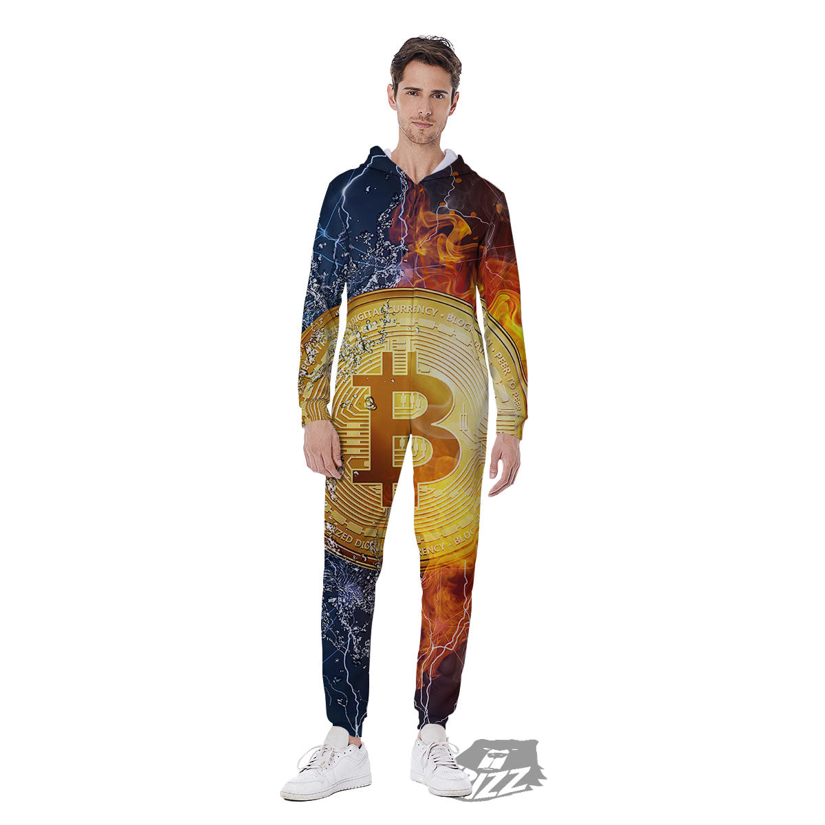 Bitcoin Water And Fire Print Men's Jumpsuit-grizzshop