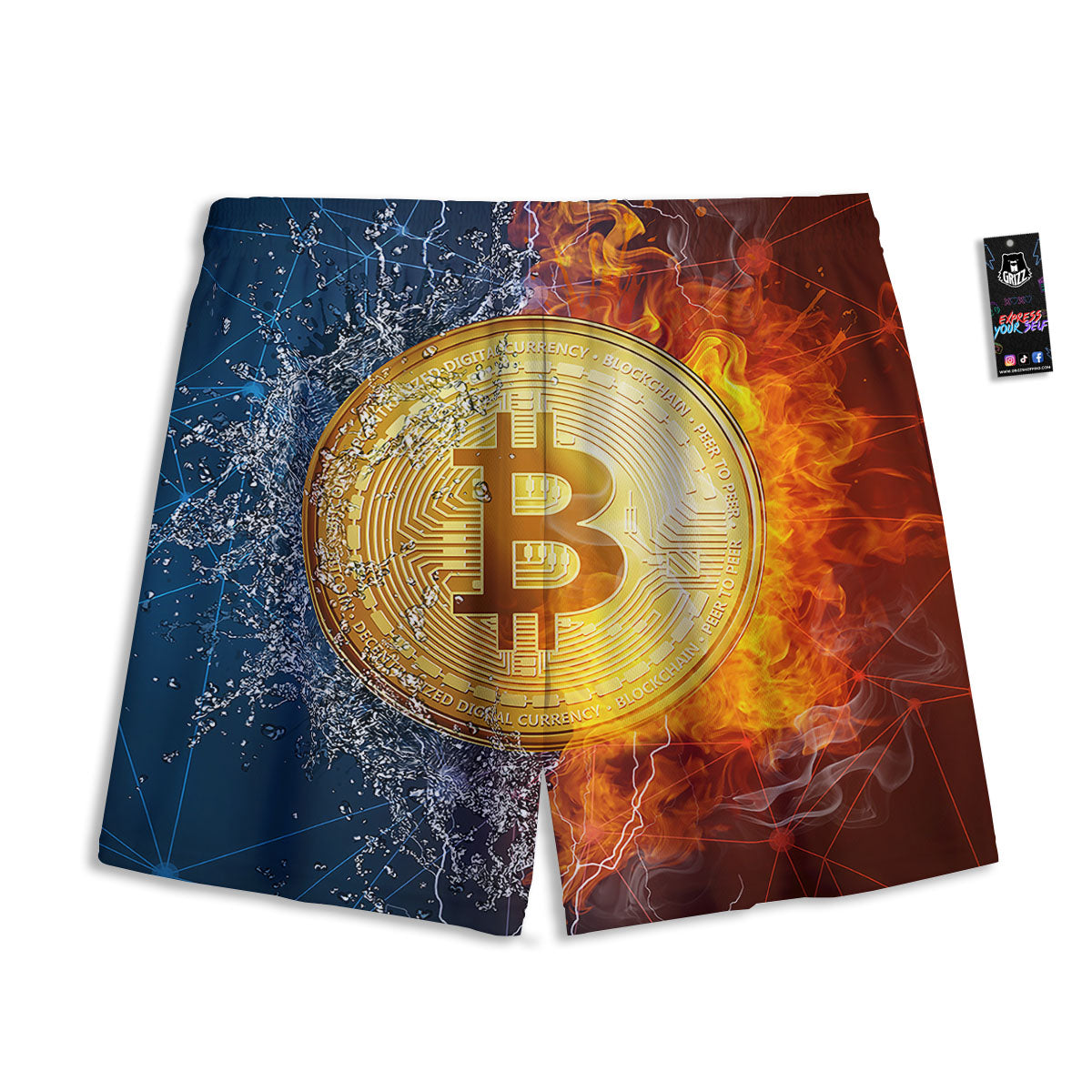 Bitcoin Water And Fire Print Mesh Shorts