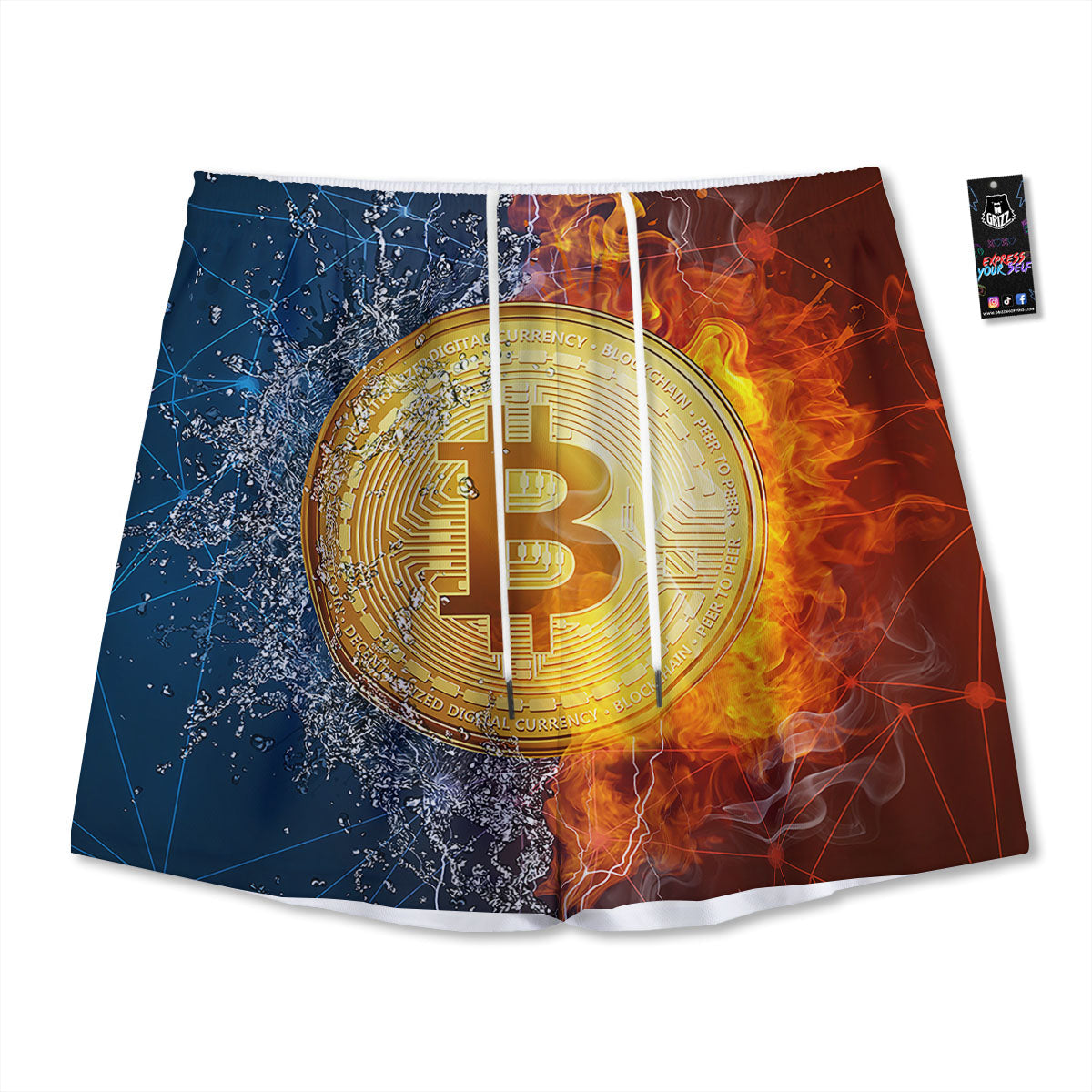 Bitcoin Water And Fire Print Mesh Shorts