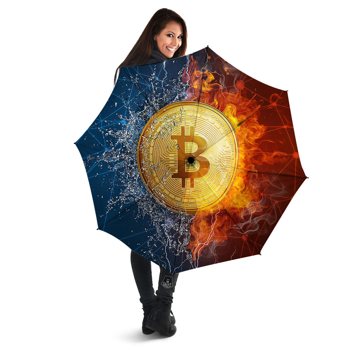 Bitcoin Water And Fire Print Umbrella-grizzshop