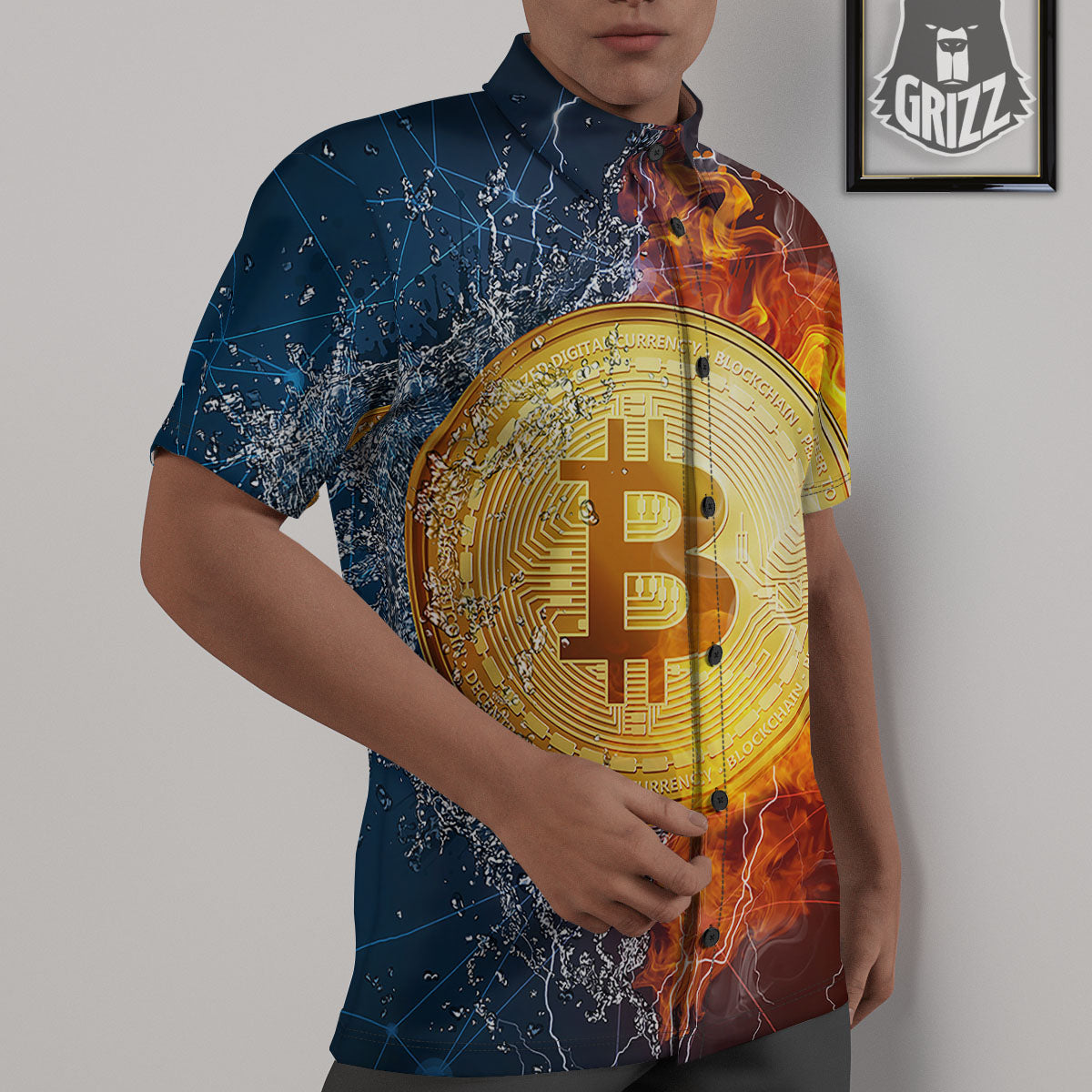 Bitcoin Water And Fire Print Untucked Shirts-grizzshop