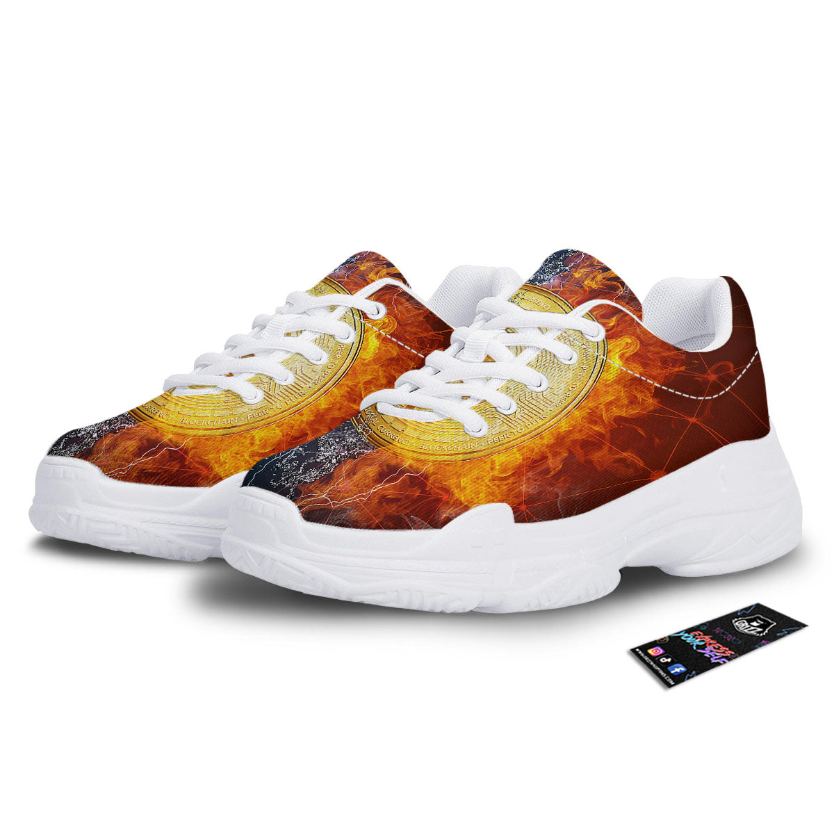 Bitcoin Water And Fire Print White Chunky Shoes-grizzshop