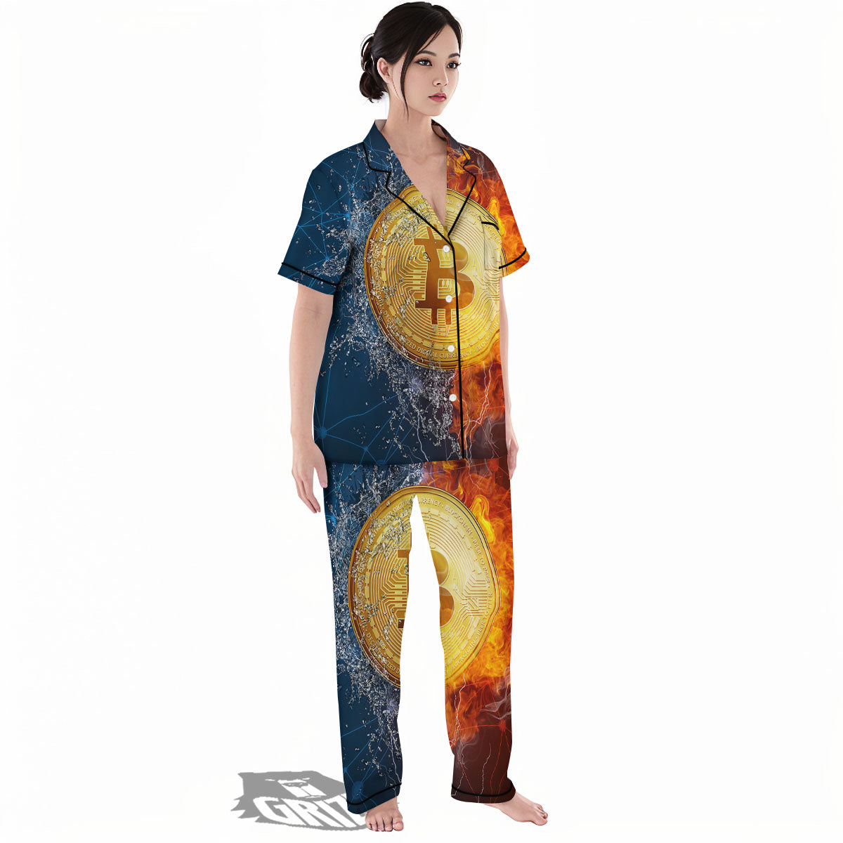 Bitcoin Water And Fire Print Women's Pajamas Set-grizzshop
