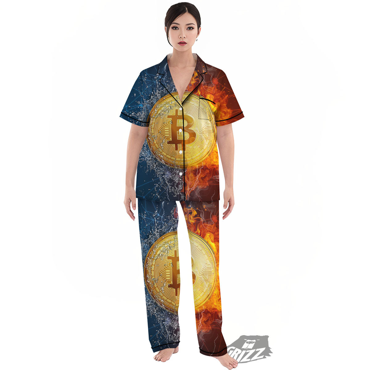 Bitcoin Water And Fire Print Women's Pajamas Set-grizzshop