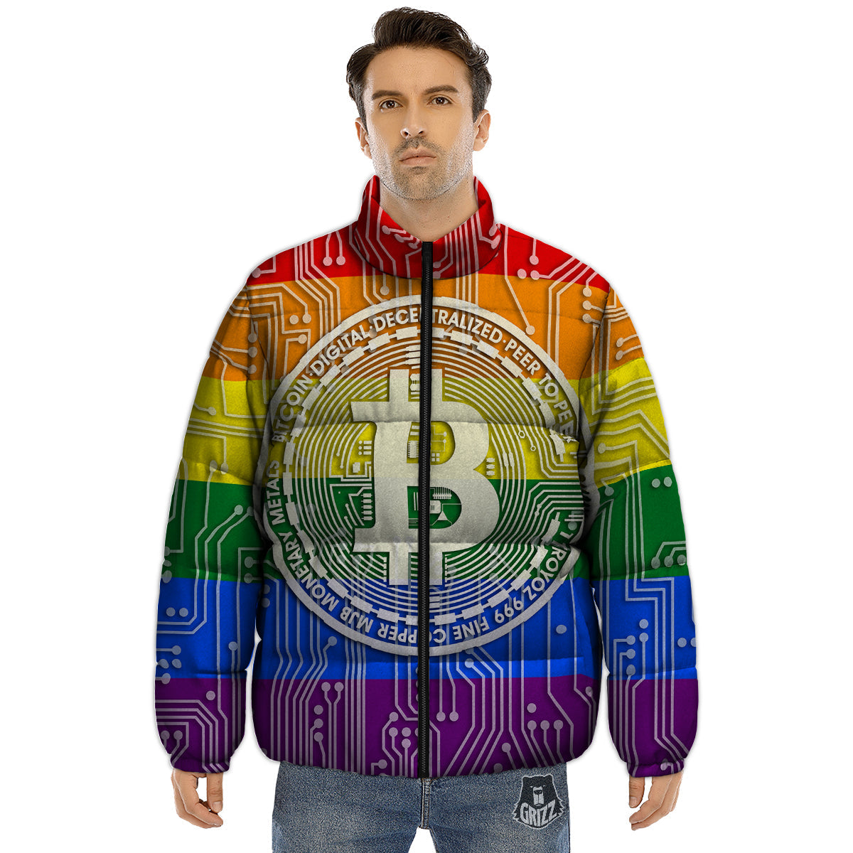 Bitocin LGBT Flag Print Puffer Jacket-grizzshop