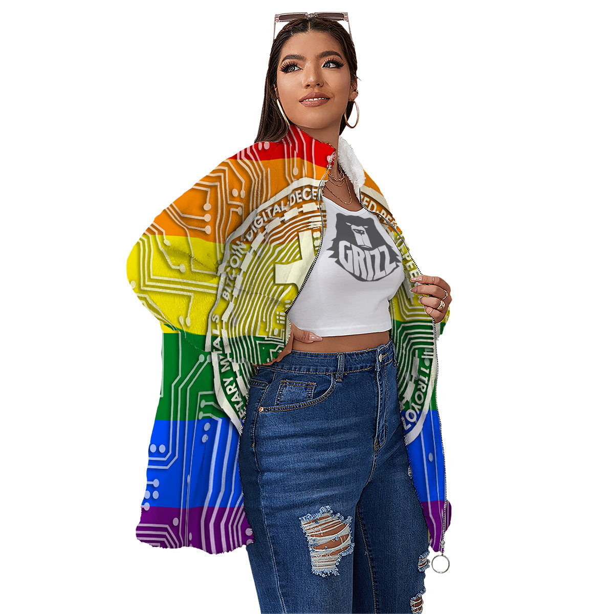 Bitocin LGBT Flag Print Women's Sherpa Jacket-grizzshop