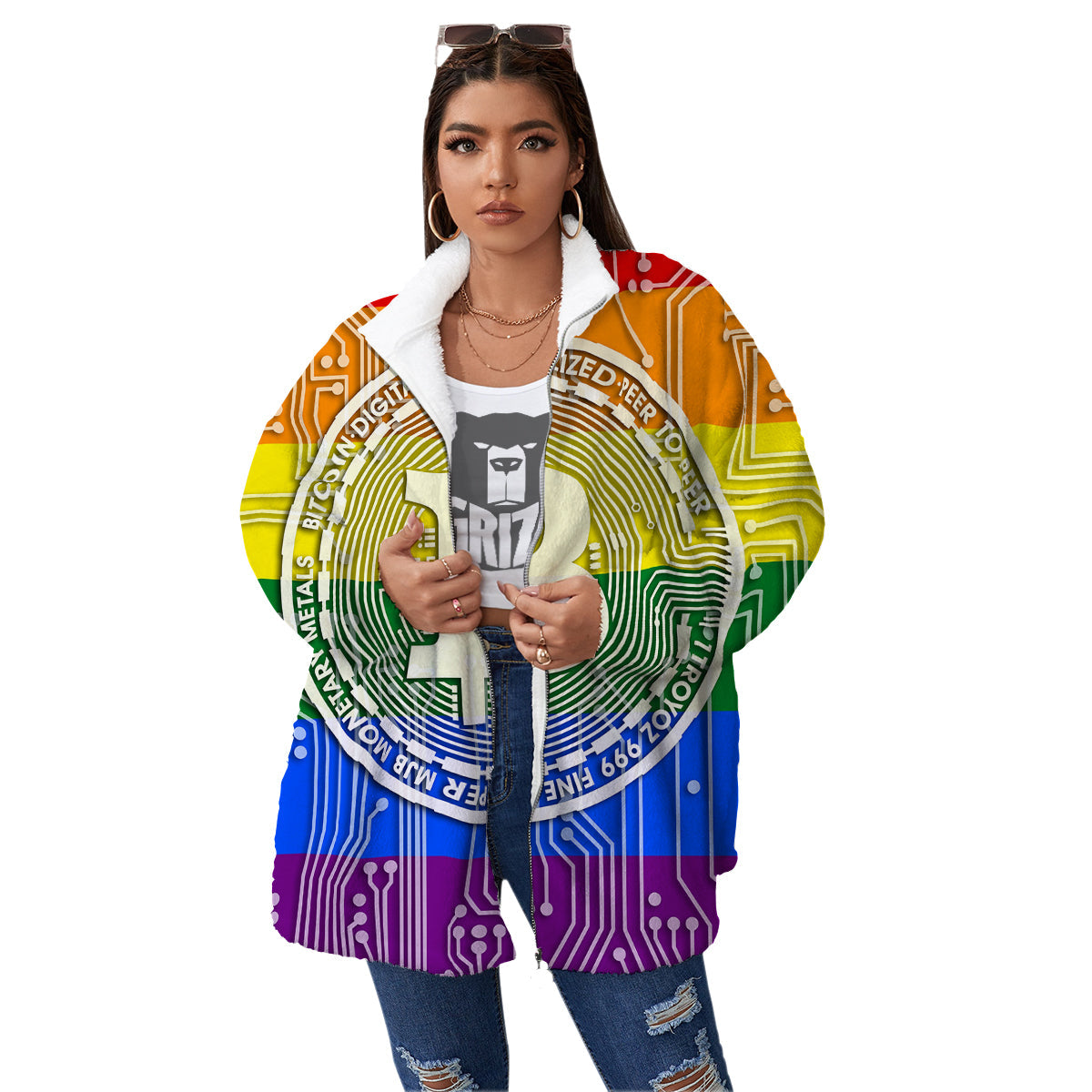 Bitocin LGBT Flag Print Women's Sherpa Jacket-grizzshop