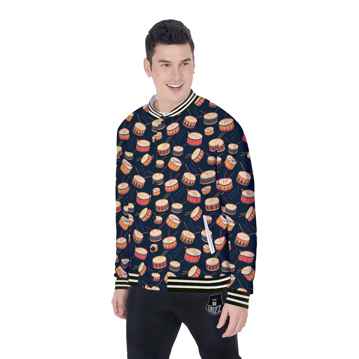 Black And Beige Drum Print Pattern Baseball Jacket-grizzshop