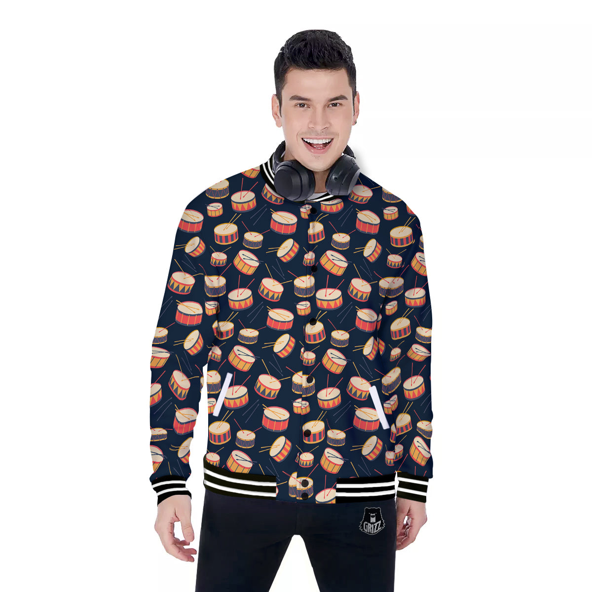 Black And Beige Drum Print Pattern Baseball Jacket-grizzshop