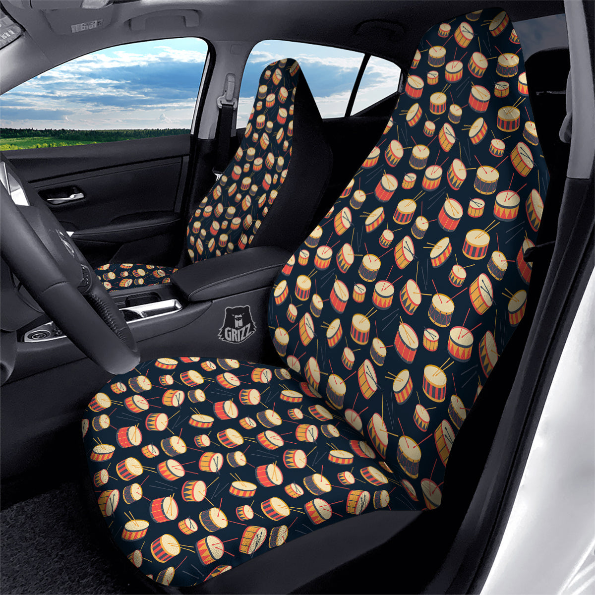 Black And Beige Drum Print Pattern Car Seat Covers-grizzshop