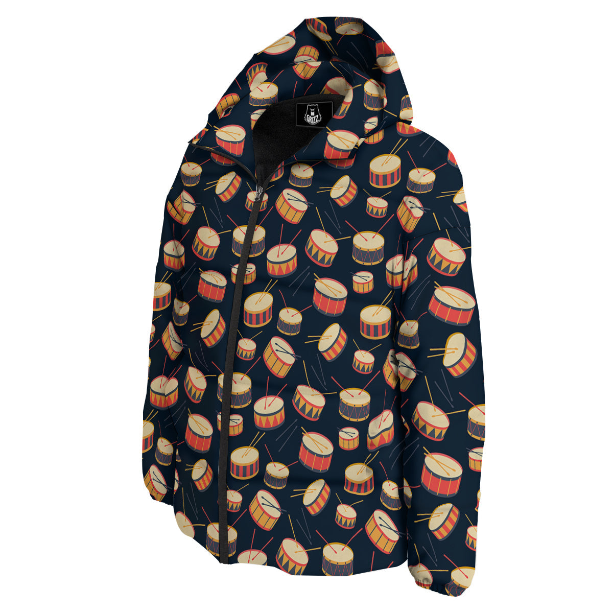Black And Beige Drum Print Pattern Down Jacket-grizzshop