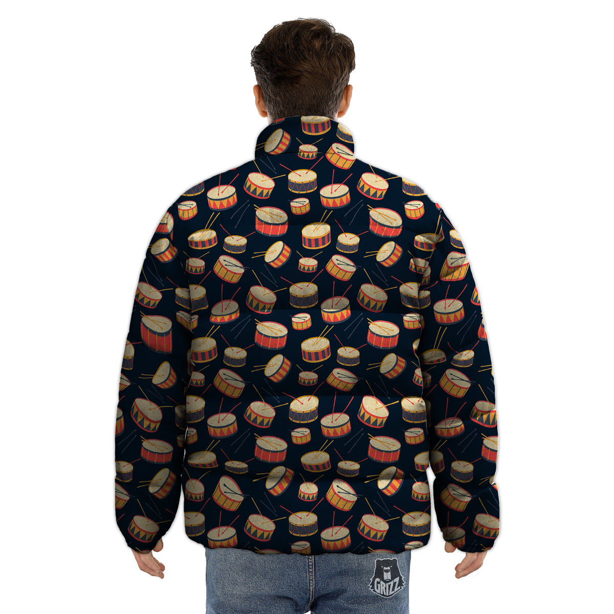Black And Beige Drum Print Pattern Puffer Jacket-grizzshop